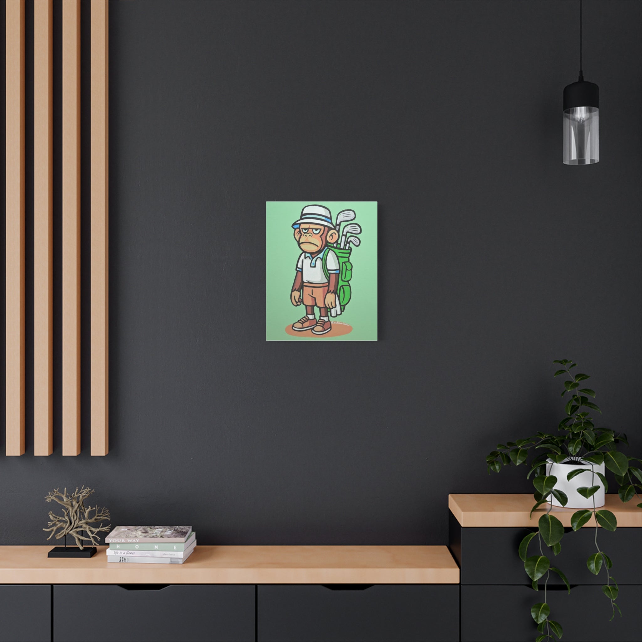 Golf-Inspired Monkey Art Canvas Print, Playful Golfer Wall Decor, Fun Gift for Golf Lovers, Unique Sports Artwork, Humorous Golf Room Decor