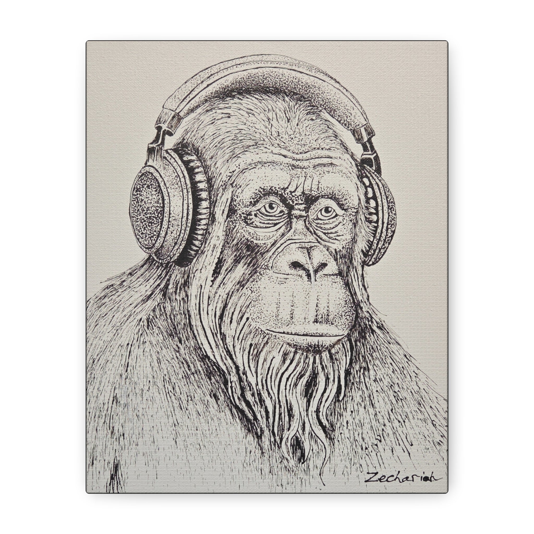 Gorilla in Headphones Canvas Art, Unique Wall Decor, Animal Lover Gift, Music Theme Artwork, Funny Home Decoration, Black and White